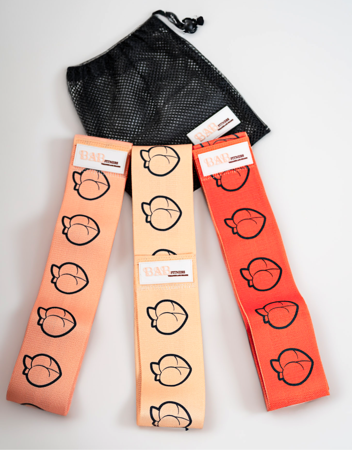 Babfitness 3-Piece Booty Band Set, with portable mesh bag.